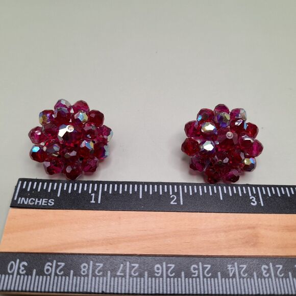 Vintage Red Aurora Borealis AB Cluster Clip On Earrings, 1950s, 1 Inch - Picture 4 of 10